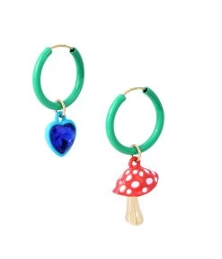 Betsey Johnson Mushroom Non-Matching Drop Hoop Earrings