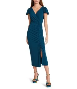 Betsey Johnson Mini Rib Flutter Sleeve Midi With Ruched Slit