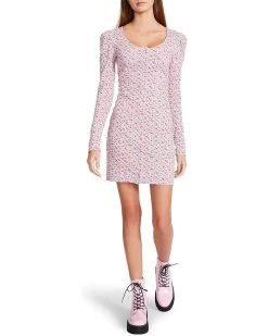 Betsey Johnson Vintage Ditsy Printed Heathered Thermal Snap Front Long Sleeve Dress