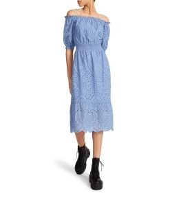 Betsey Johnson Off Shoulder Cotton Eyelet Midi Dress