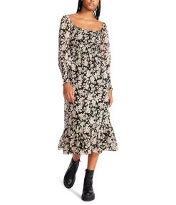 Betsey Johnson Romantic Floral Smocked Printed Chiffon Midi