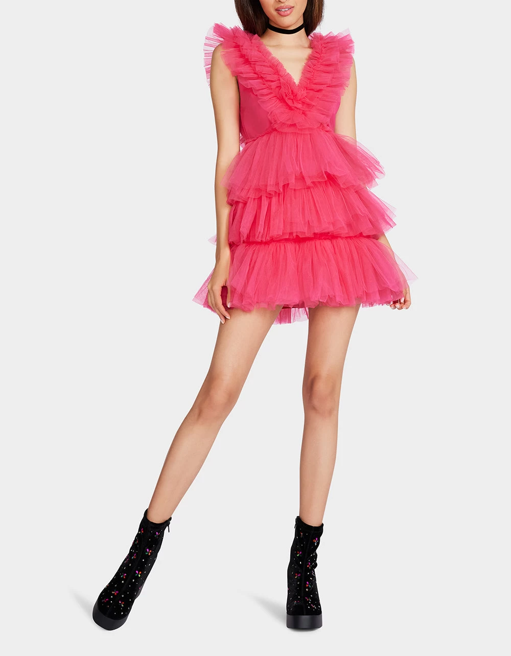BETSEYS TIERED TULLE DRESS HOT PINK - Image 5