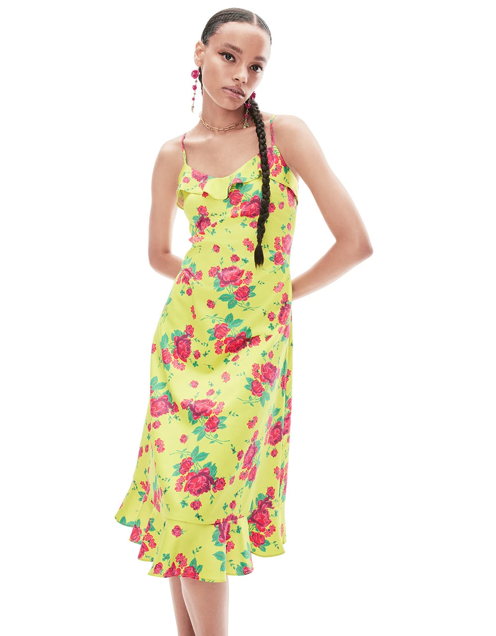 BETSEYS PAINTED ROSE MIDI DRESS LIME - Image 2