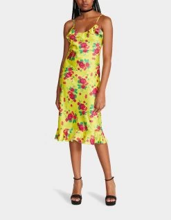 BETSEYS PAINTED ROSE MIDI DRESS LIME