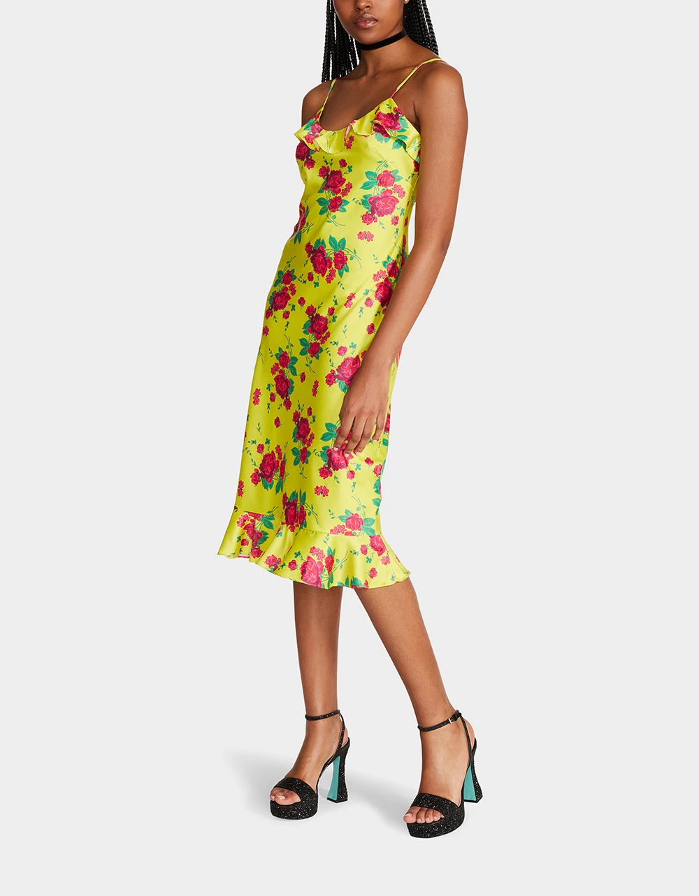BETSEYS PAINTED ROSE MIDI DRESS LIME - Image 5